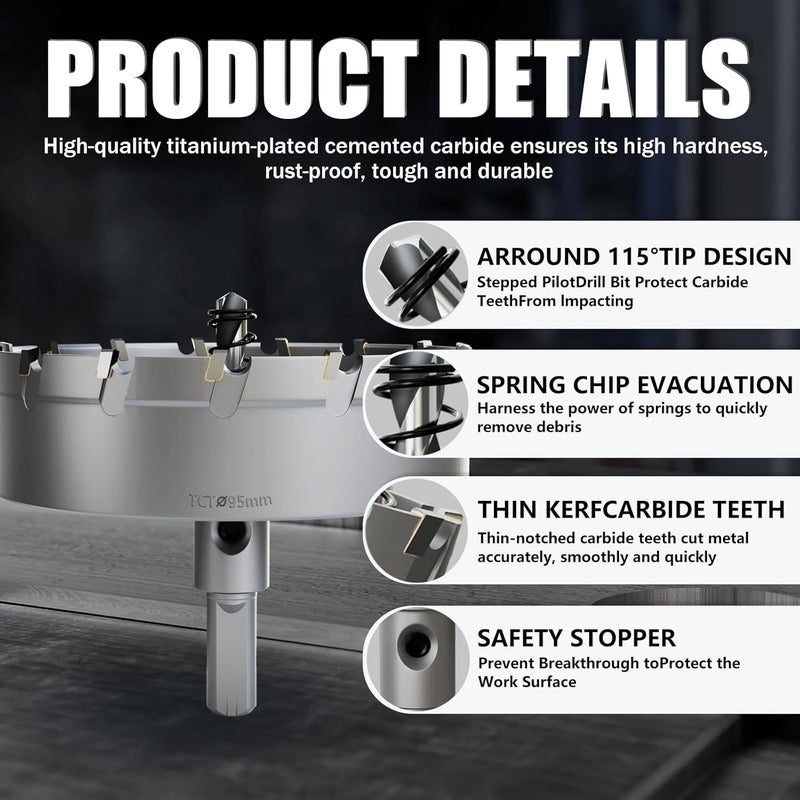GSTK Heavy Duty Carbide Hole Saw Set, 3-3/4” (95mm), Extra Deep Cutting Depth of 1.1 Inches (28mm) - Ideal for Stainless Steel, Mild Steel, Iron, Copper, Brass, and Plastic - Image 5